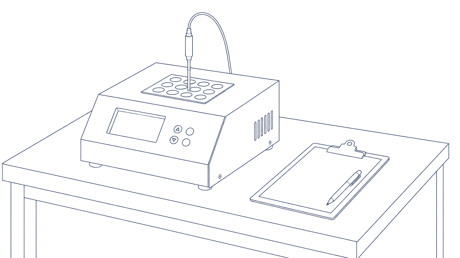 Line drawing of a dry-block calibration oven with a reference probe