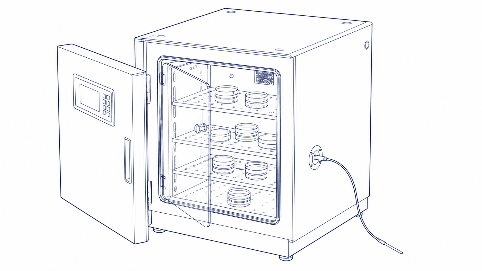 Line drawing of a box-type laboratory incubator with an external sensor probe