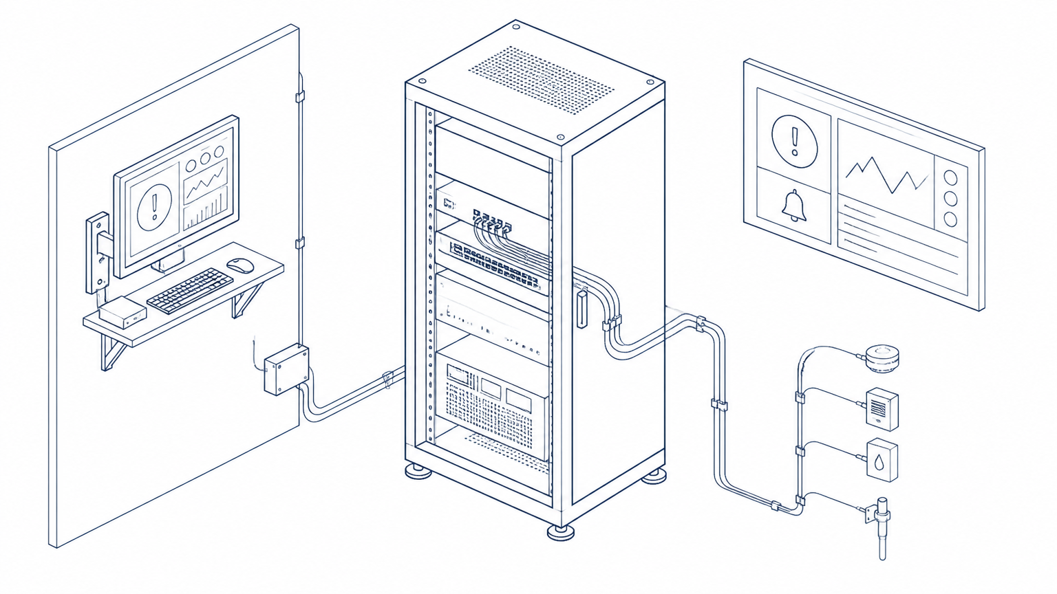 Line drawing of a monitoring server rack connected to laboratory sensors