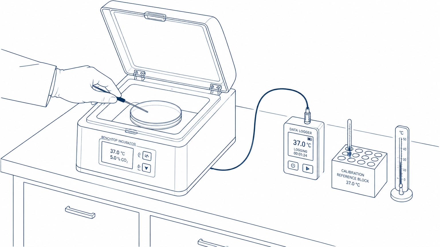 Line drawing of a surface temperature probe placed on a dish in a benchtop incubator