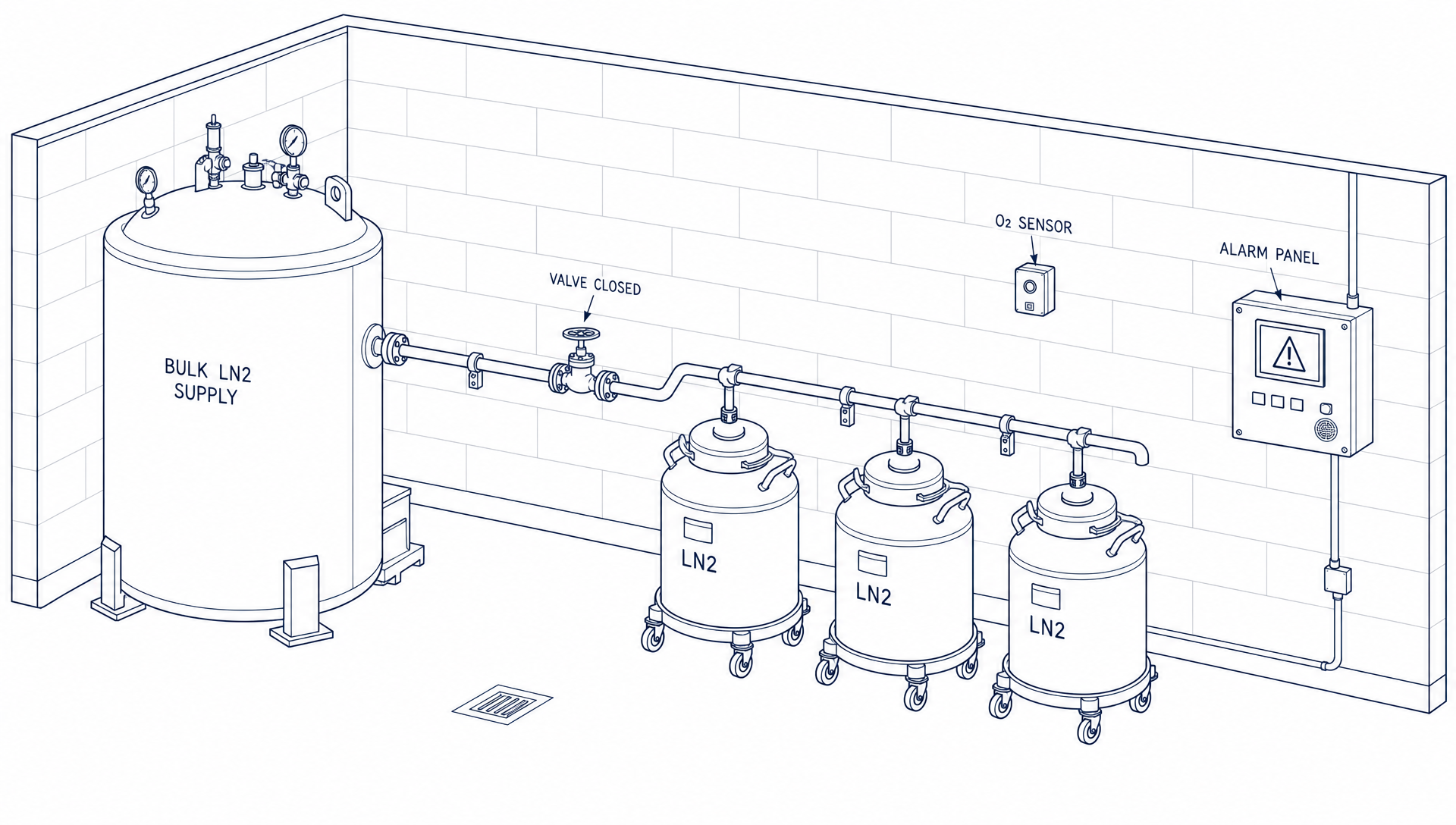 Line drawing of a cryogenic storage room with a bulk liquid nitrogen supply, a closed valve, an oxygen sensor and a wall alarm panel