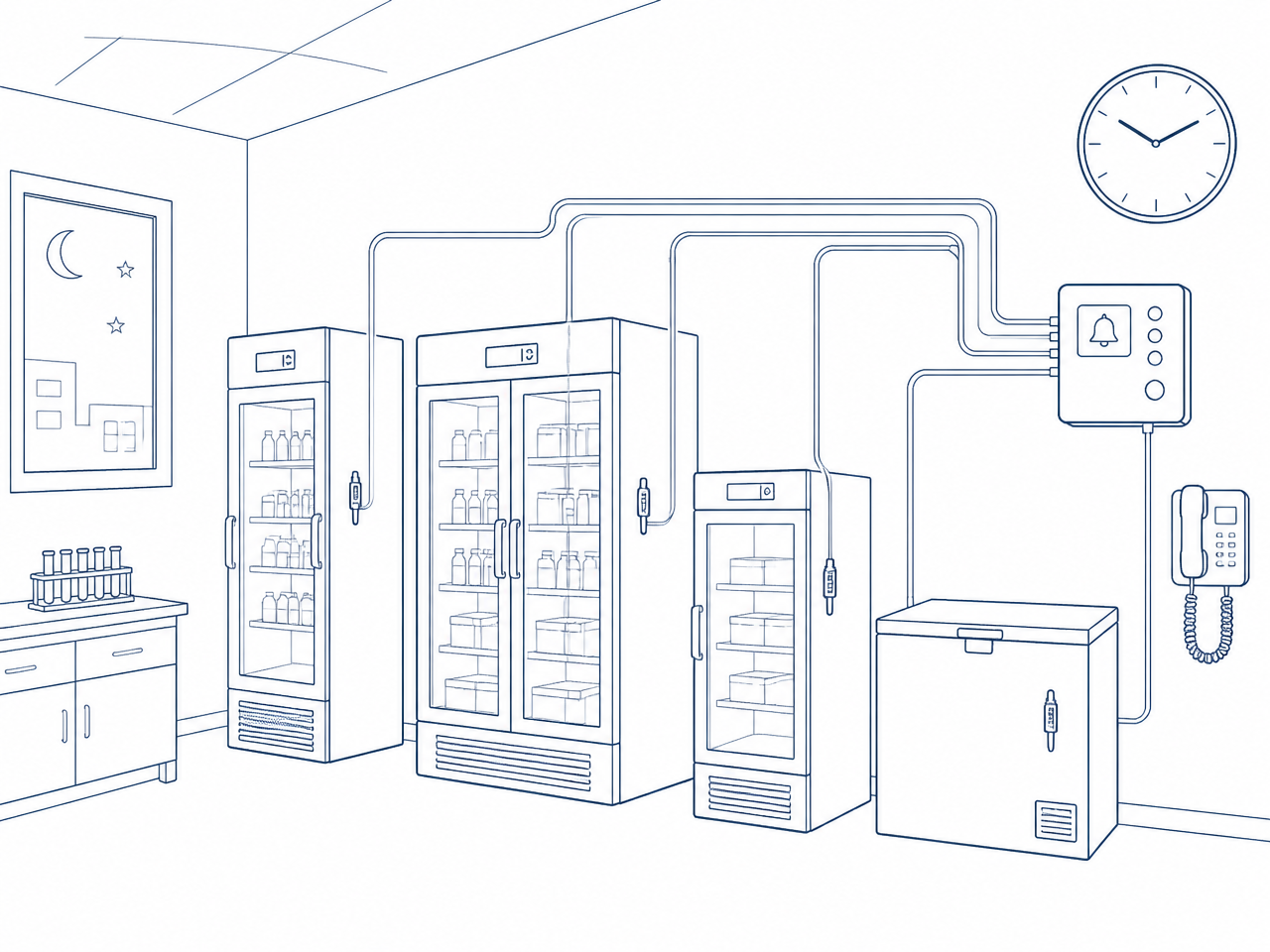 Line drawing of monitored laboratory fridges and freezers wired to a wall alarm panel and telephone