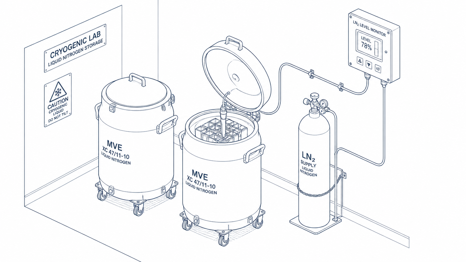 Line drawing of liquid nitrogen dewars with a level sensor and monitoring station