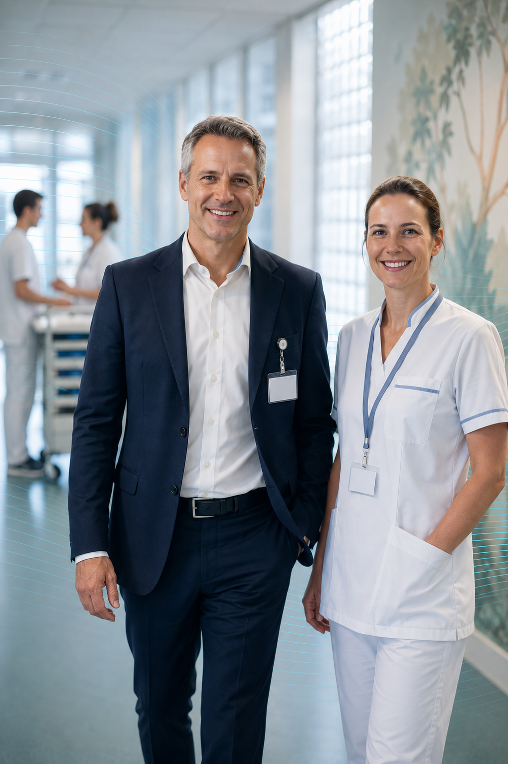 Healthcare and business professionals walking together in a bright hospital corridor