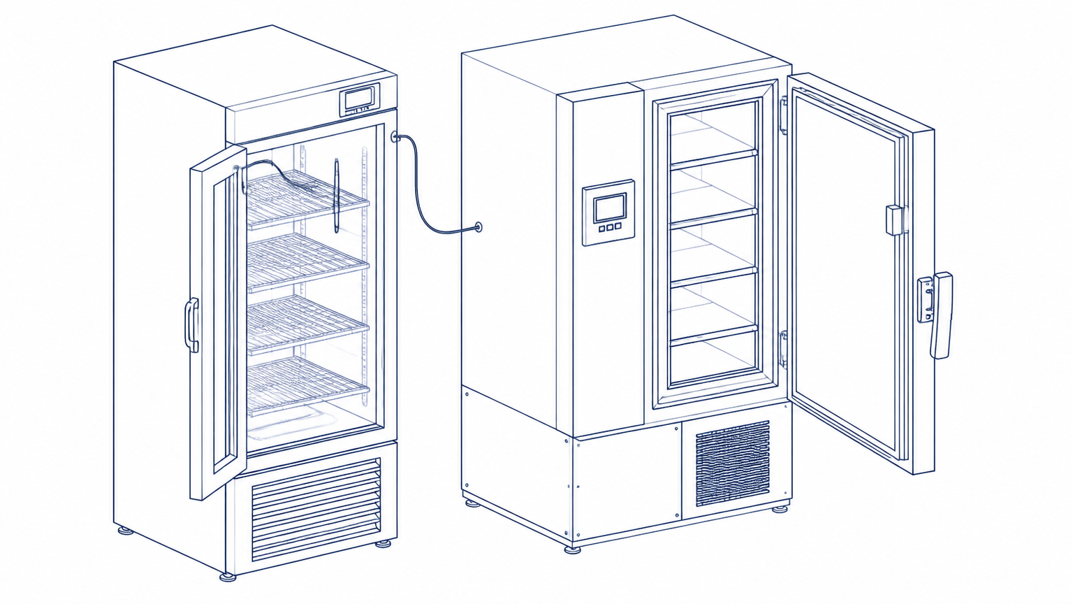 Line drawing of a laboratory refrigerator and an ultra-low temperature freezer