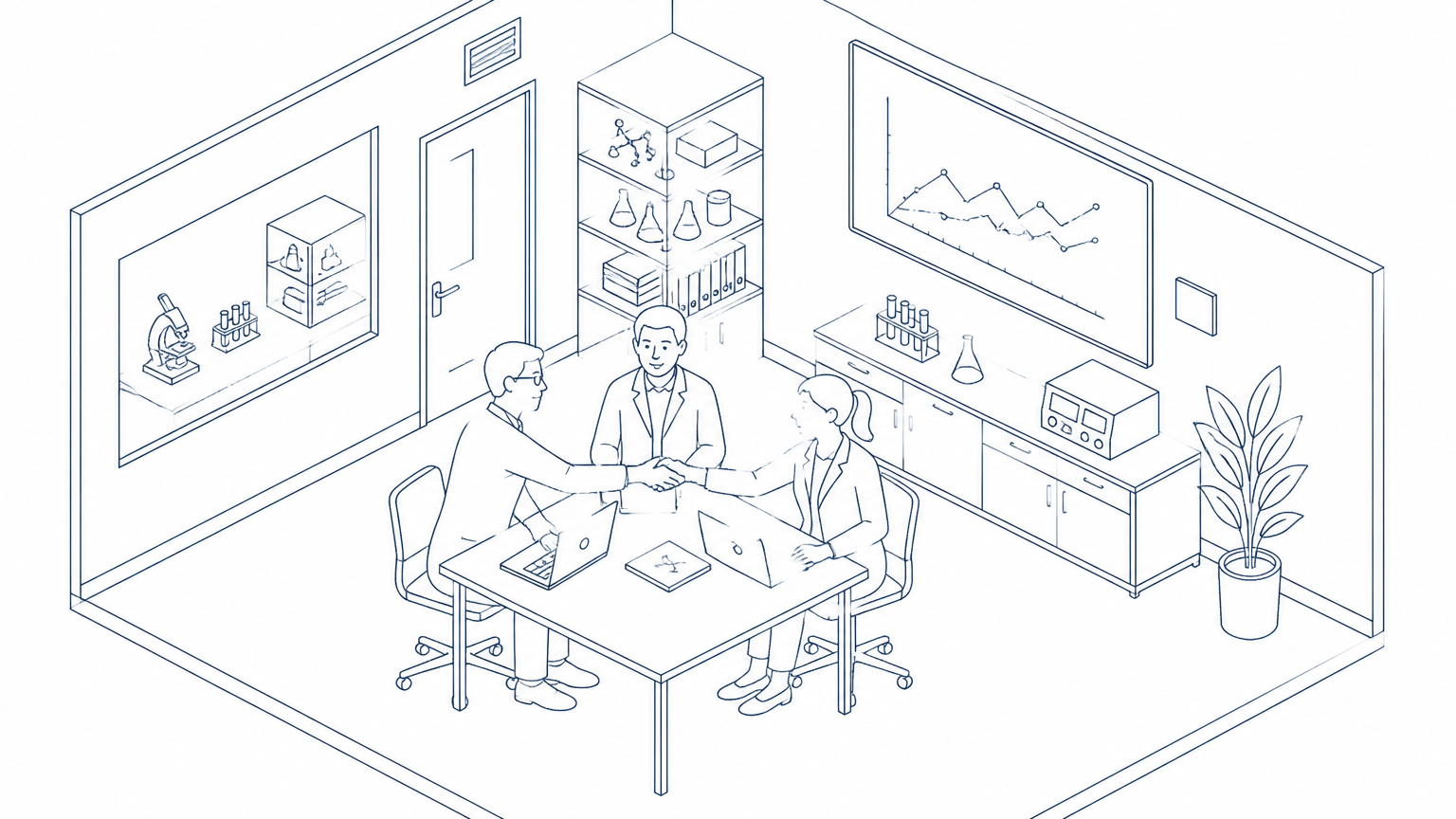 Line drawing of a partnership meeting in a laboratory office