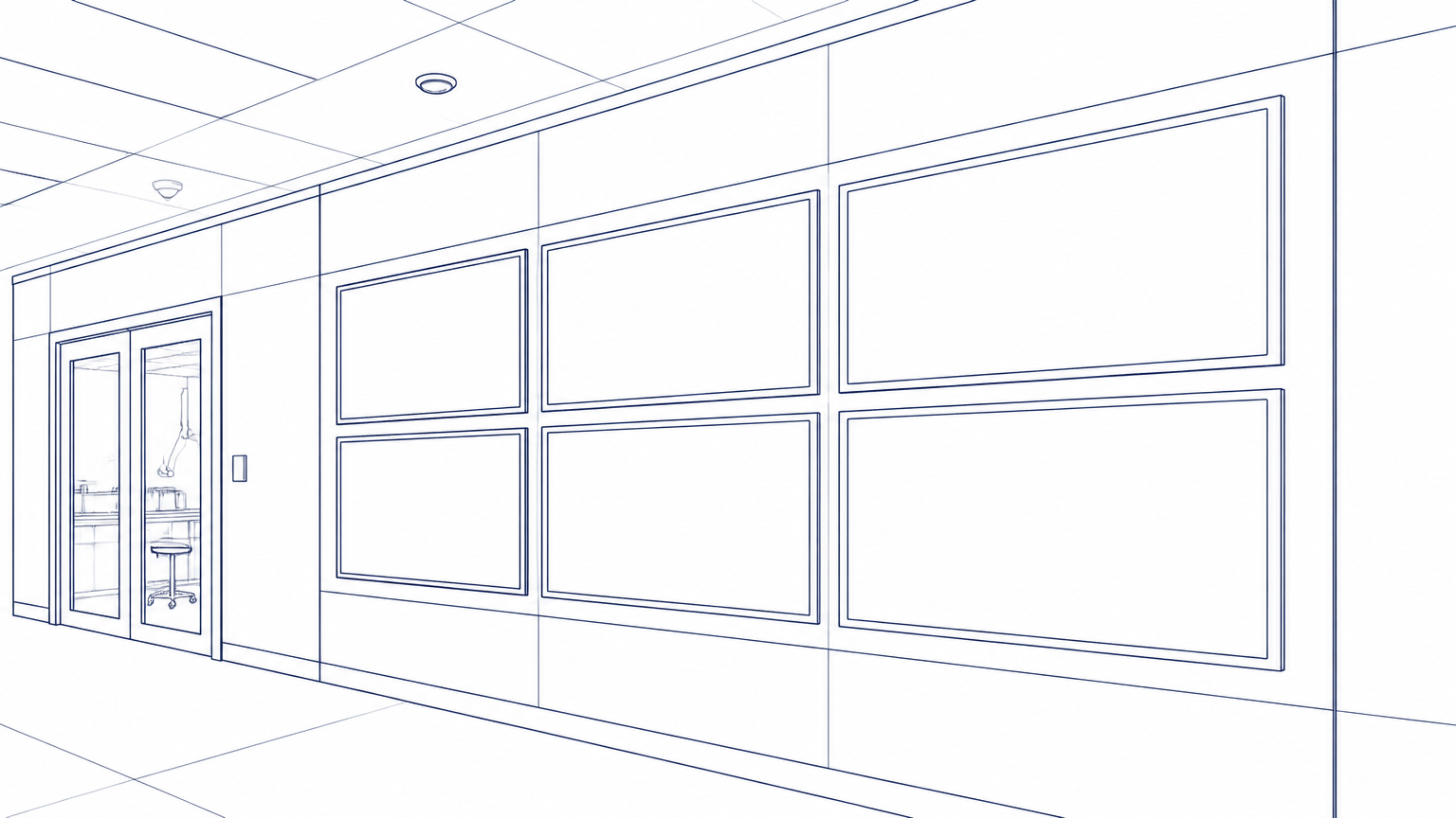 Line drawing of flush-mounted status display screens on a laboratory wall