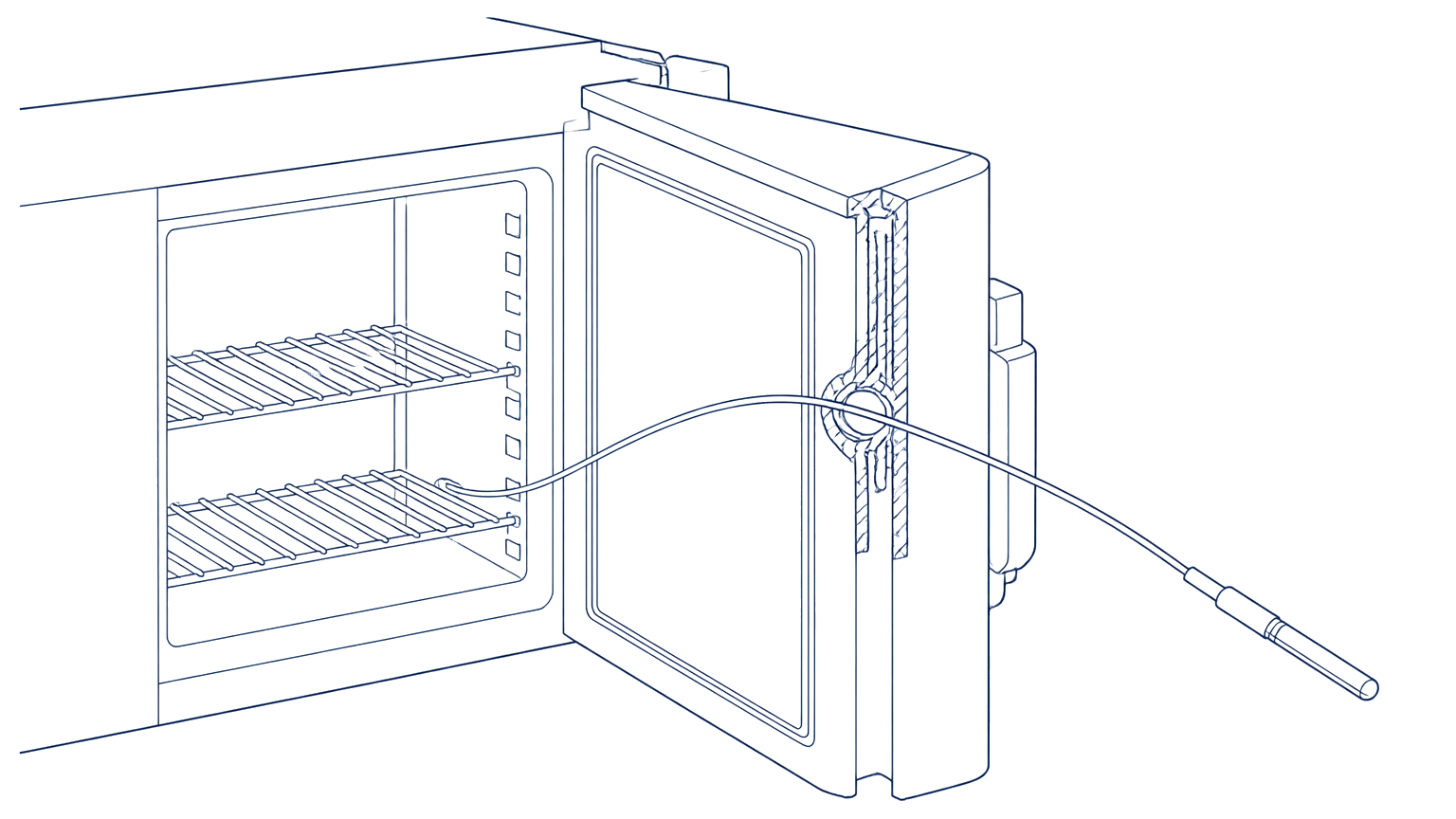 Line drawing of a temperature probe passing through a freezer door gasket