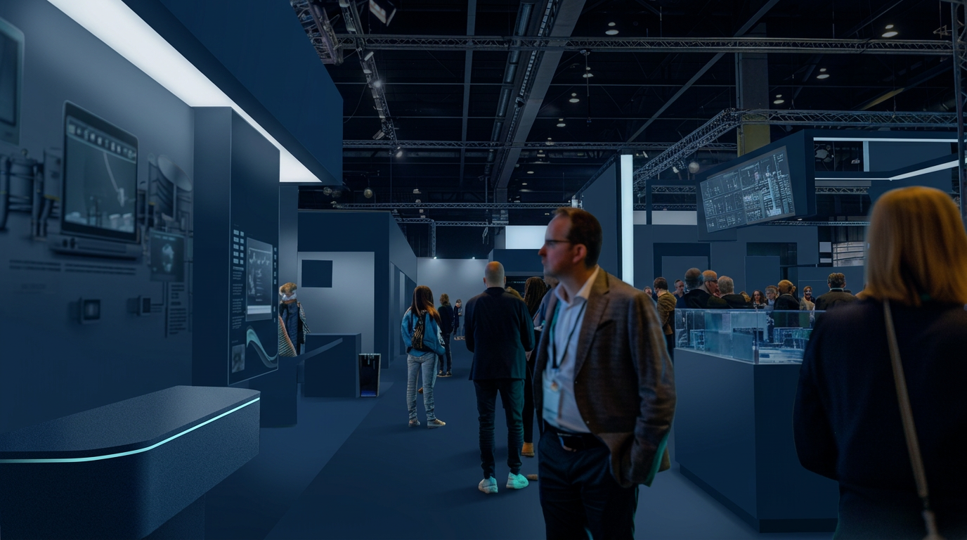 Exhibition hall at a technology and laboratory trade fair, in XiltriX navy and cyan tones