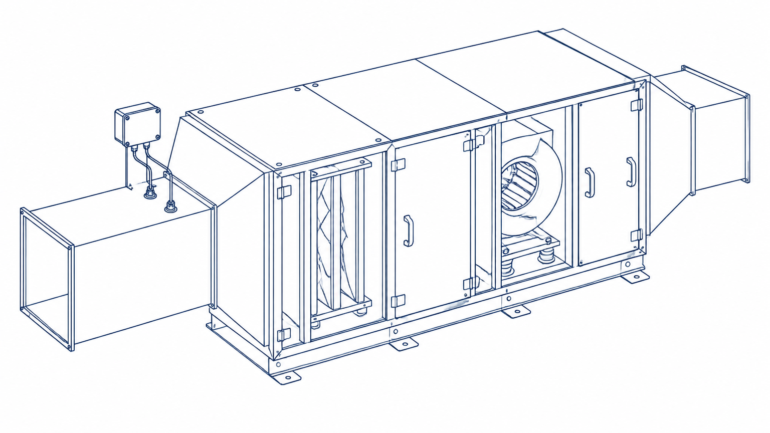 Line drawing of an air handling unit with ducting and a differential pressure sensor