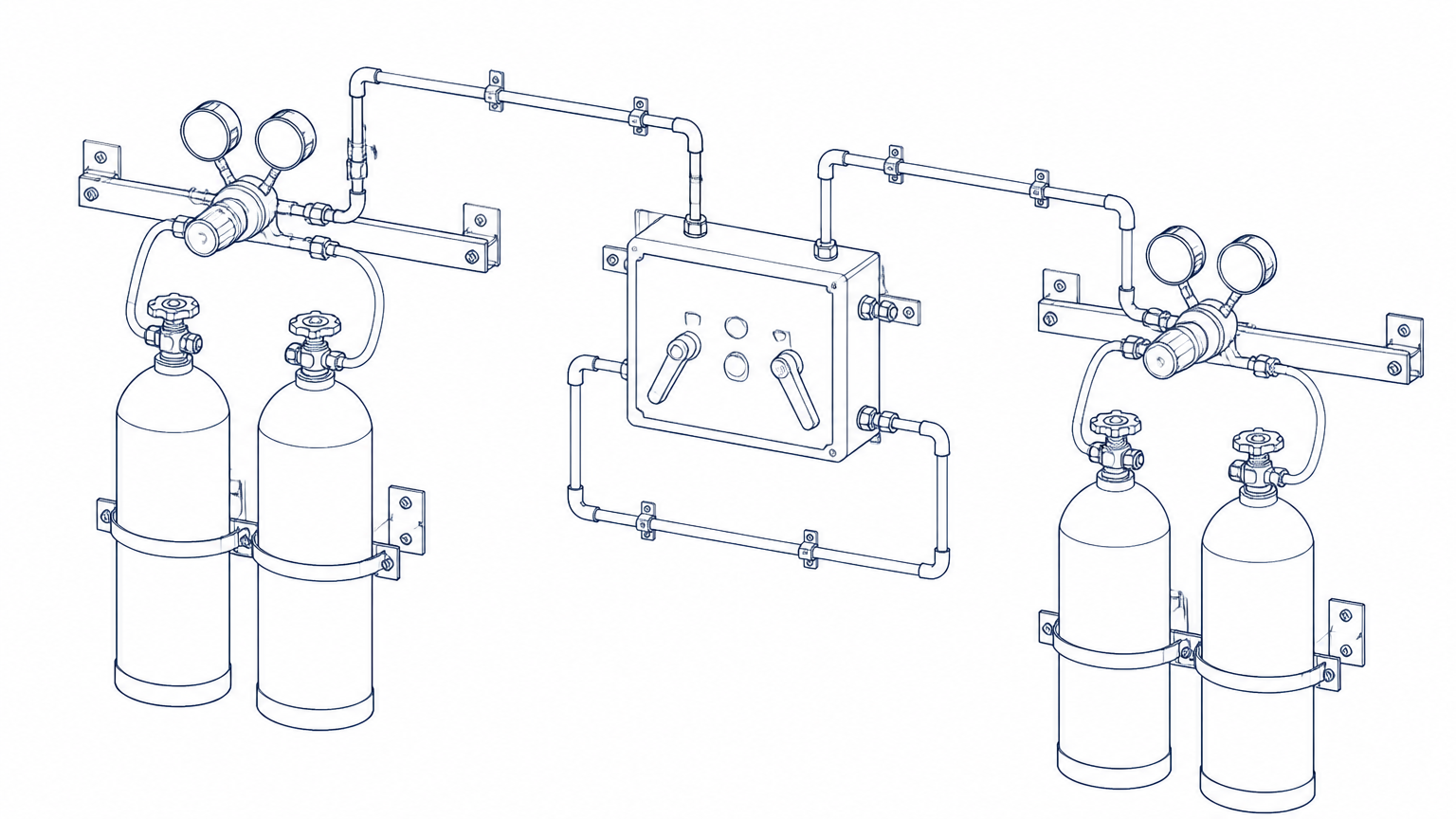 Line drawing of a gas manifold with cylinders, regulators and a switchover panel