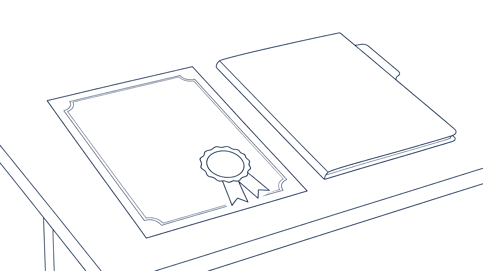 Line drawing of a certification document with a seal beside a folder
