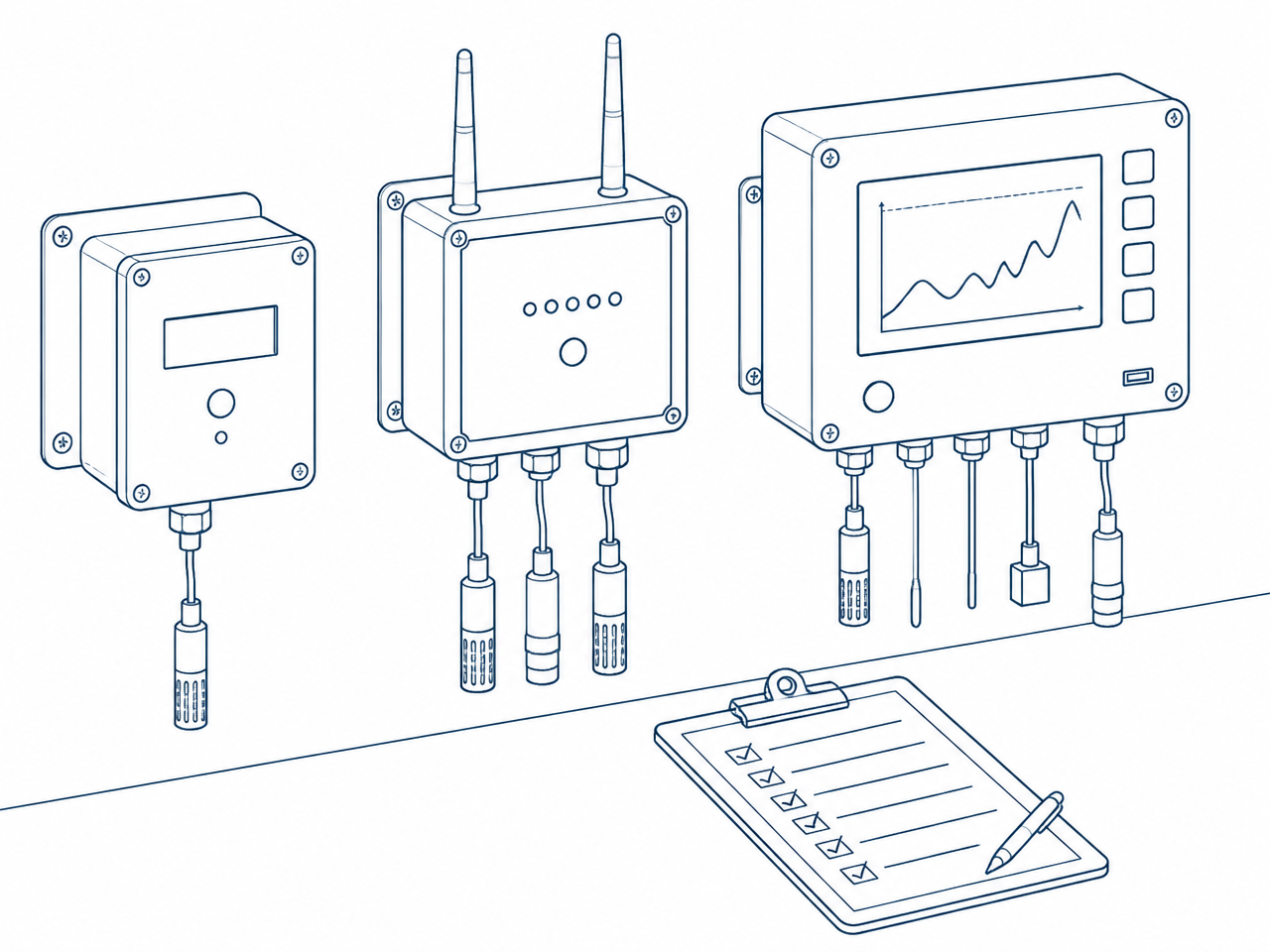 Line drawing comparing three laboratory monitoring set-ups: a data logger, a wireless sensor hub and a full monitoring station with a trend screen