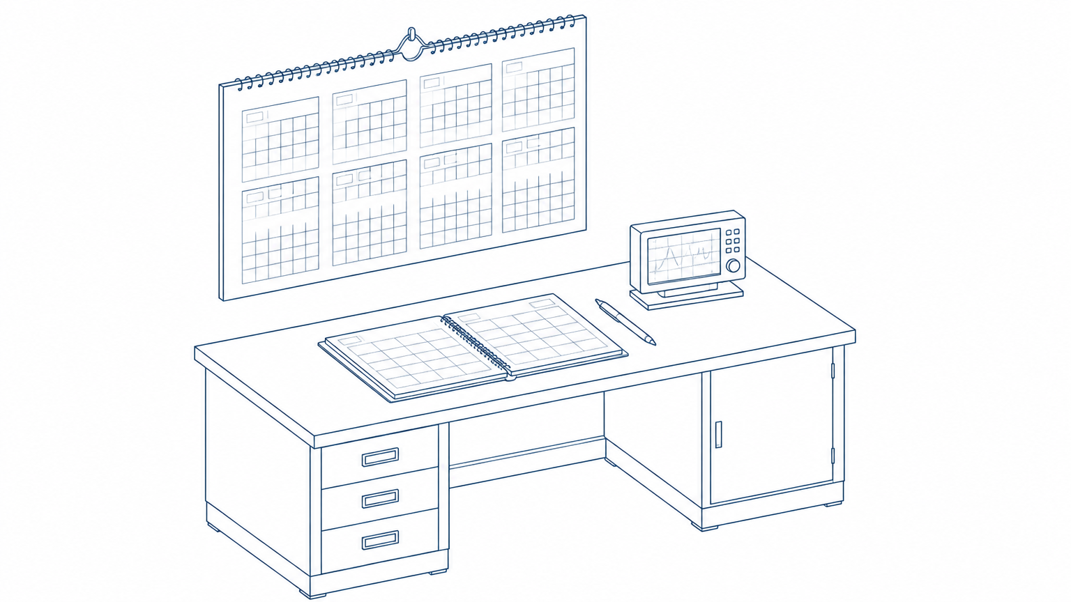 Line drawing of a wall calendar above a laboratory desk
