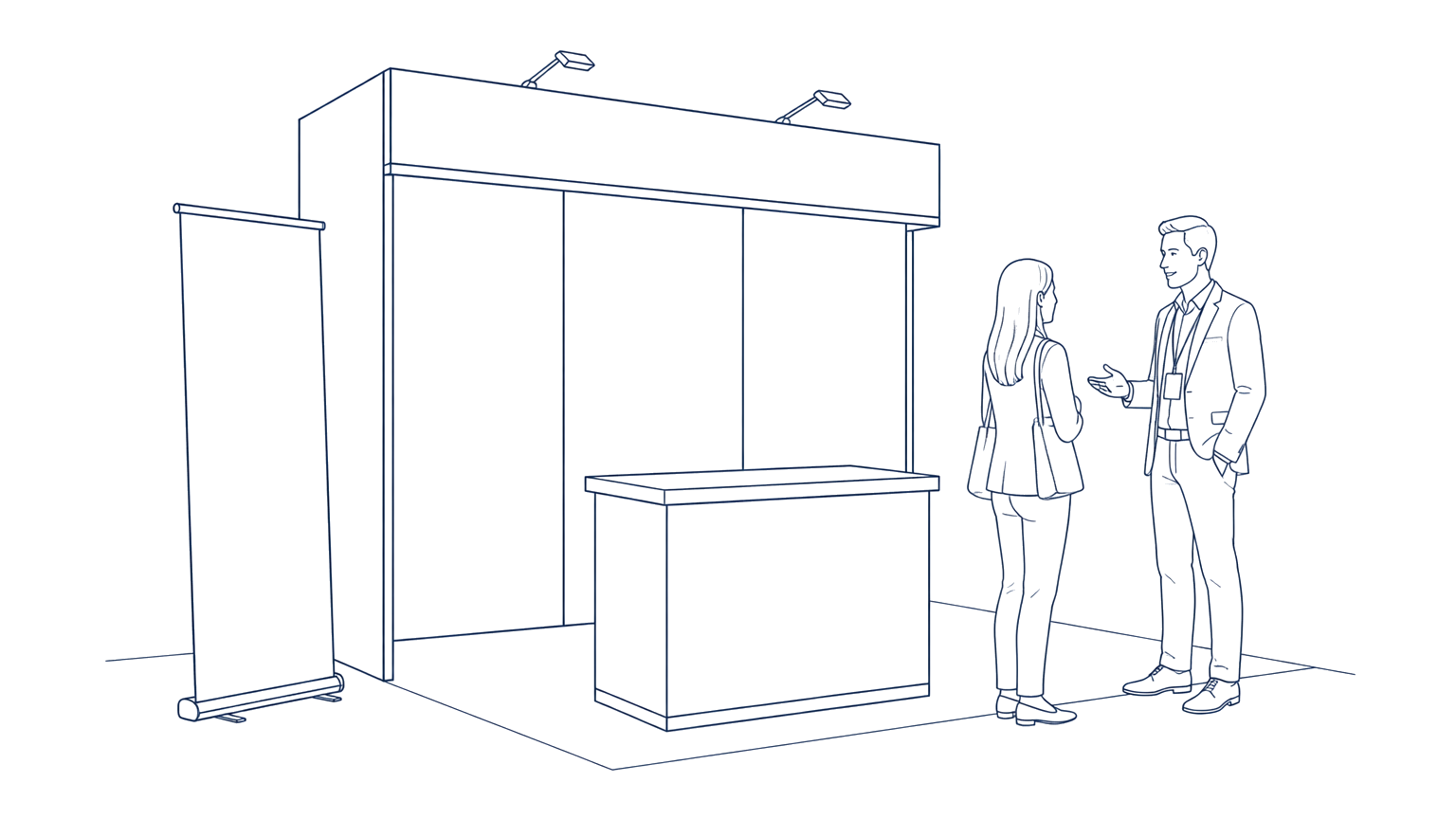 Line drawing of an exhibition booth with a banner stand and two visitors talking