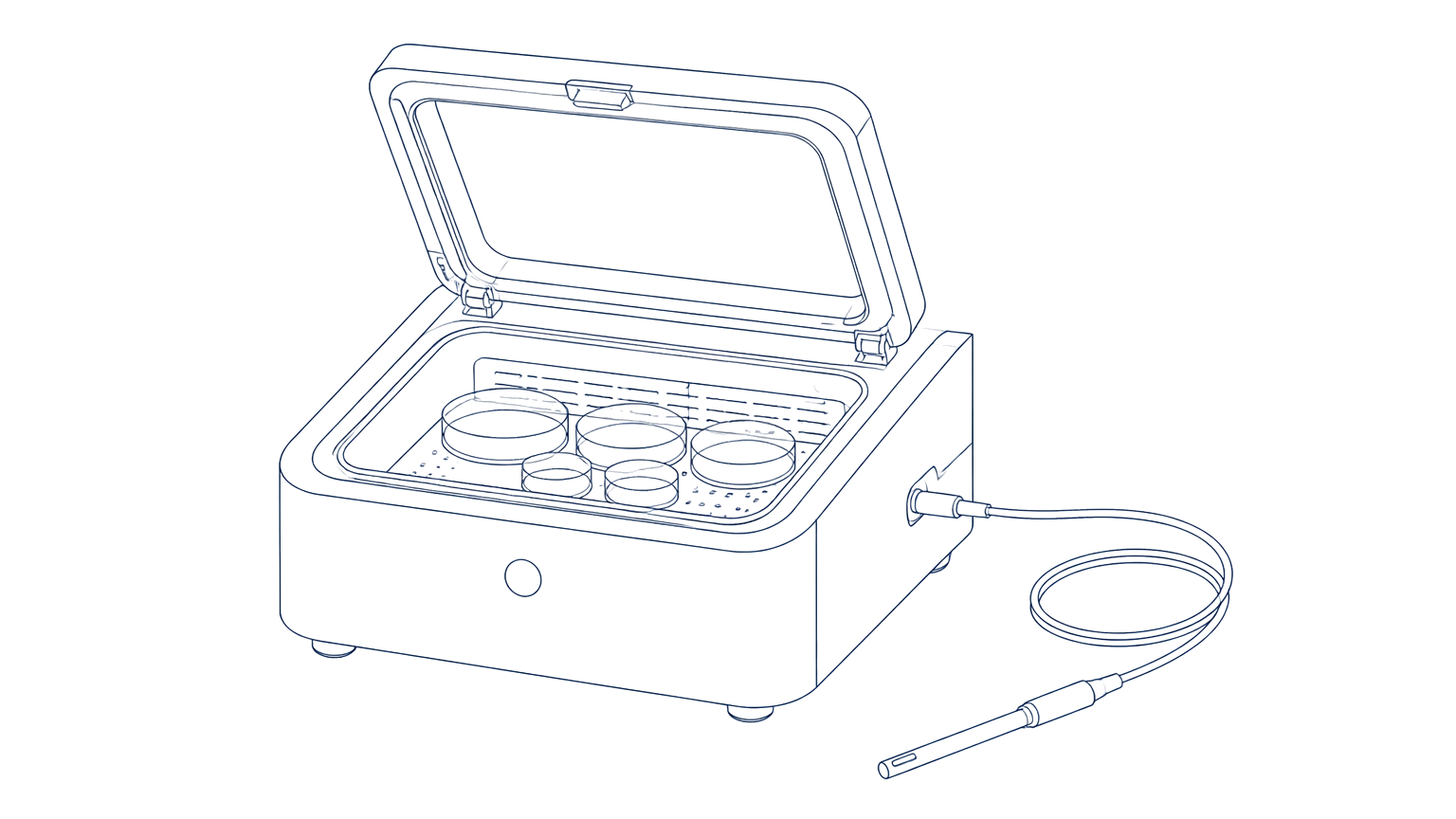 Line drawing of a benchtop incubator with culture dishes and a sensor probe
