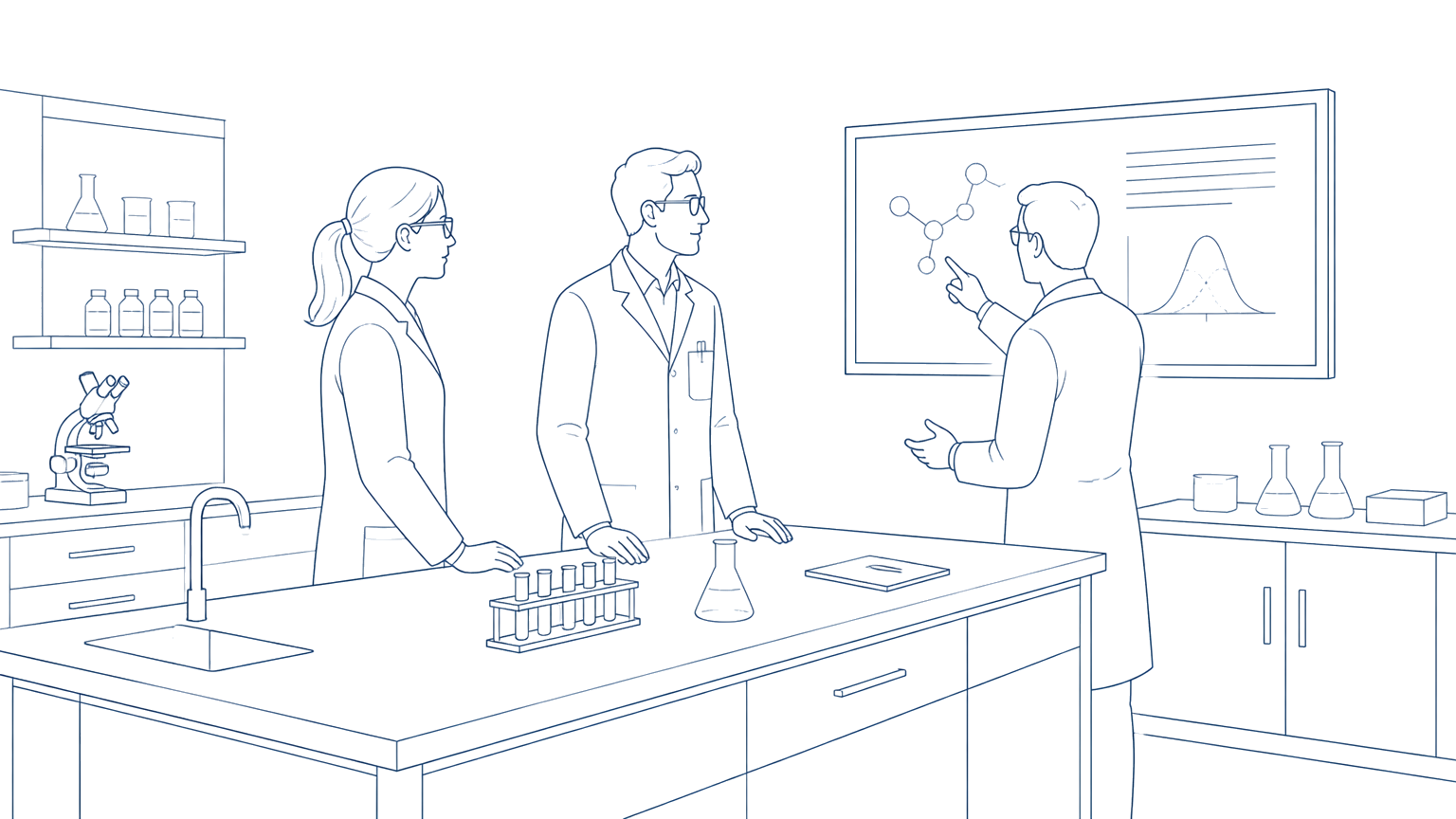 Line drawing of colleagues discussing at a laboratory bench