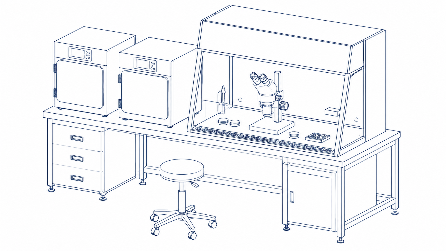 Line drawing of an IVF laboratory bench with benchtop incubators and a workstation