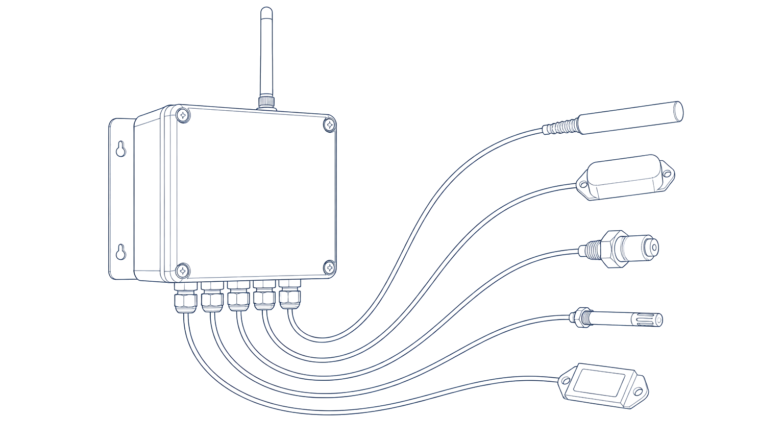 Line drawing of a wall-mounted monitoring station with sensor cables