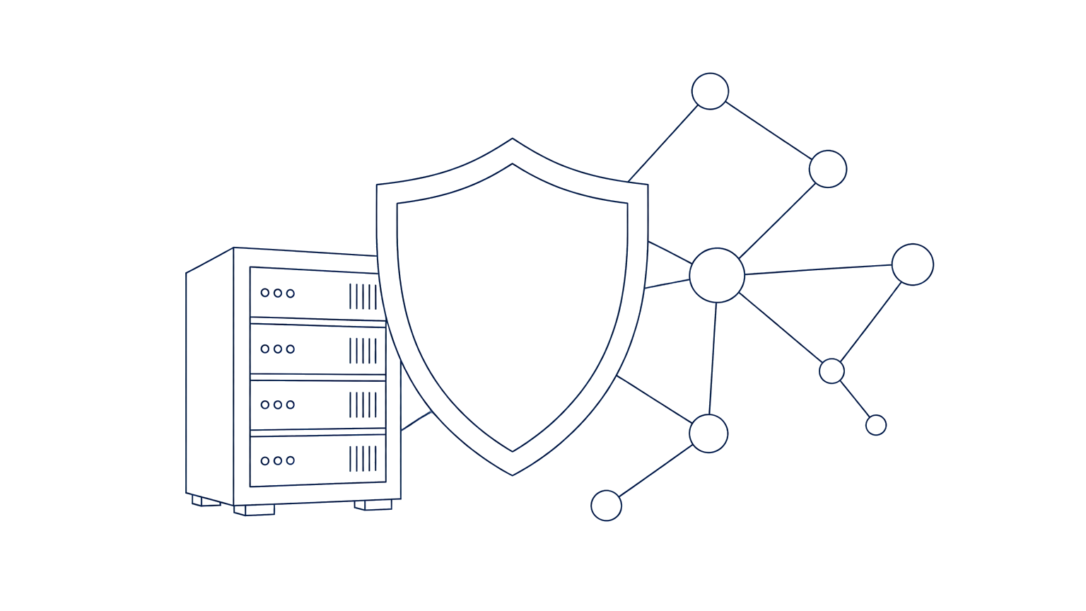 Line drawing of a shield over a server rack and connected network nodes