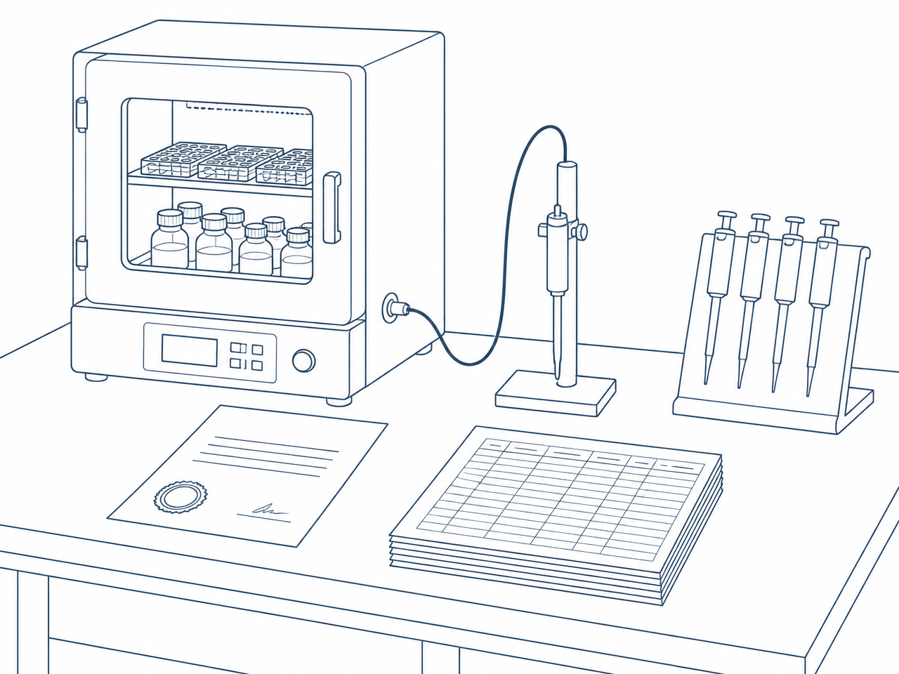 Line drawing of a laboratory bench with an incubator, a calibration reference probe and stacked record sheets