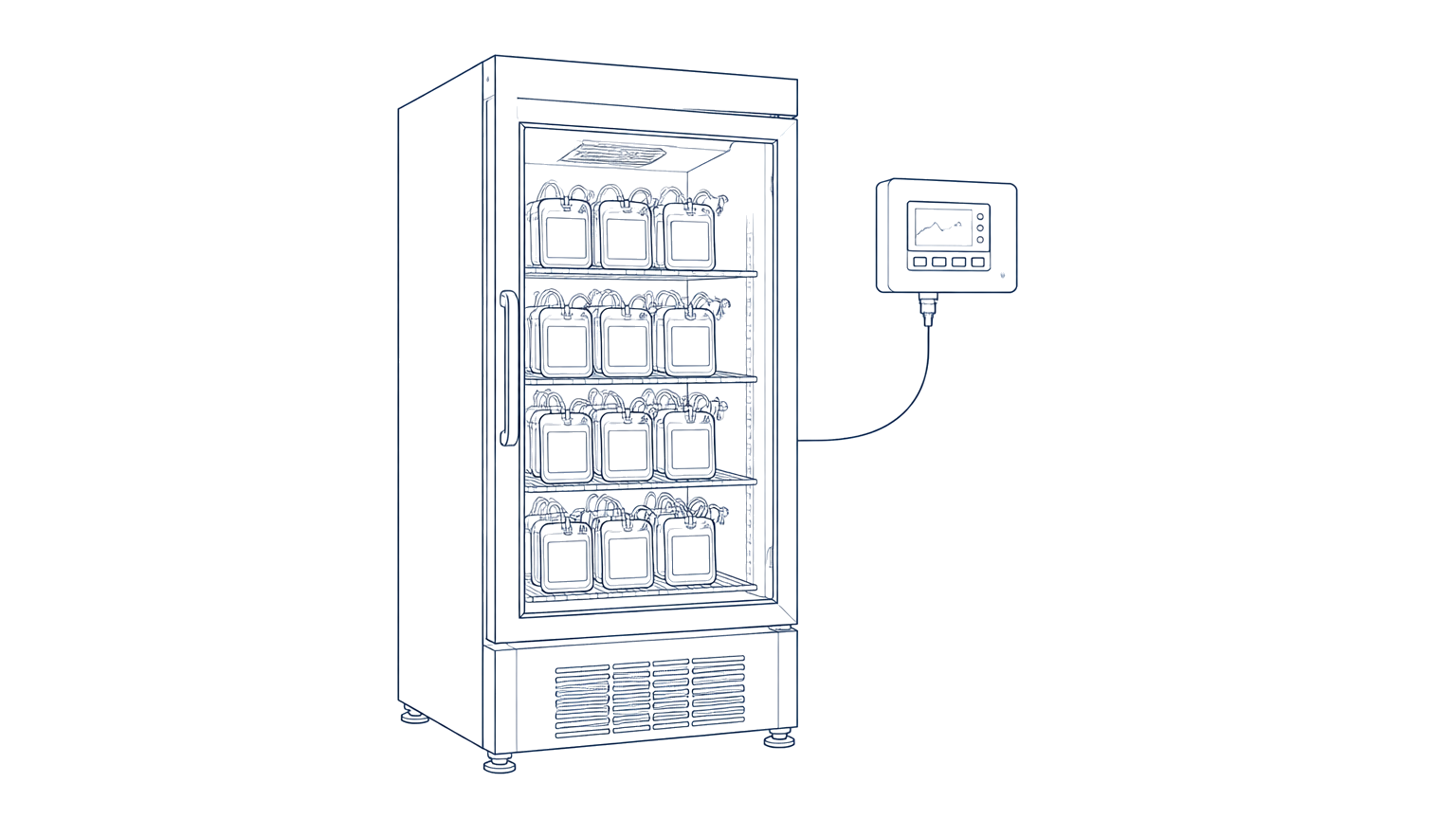 Line drawing of a blood bank refrigerator with a wall monitoring unit