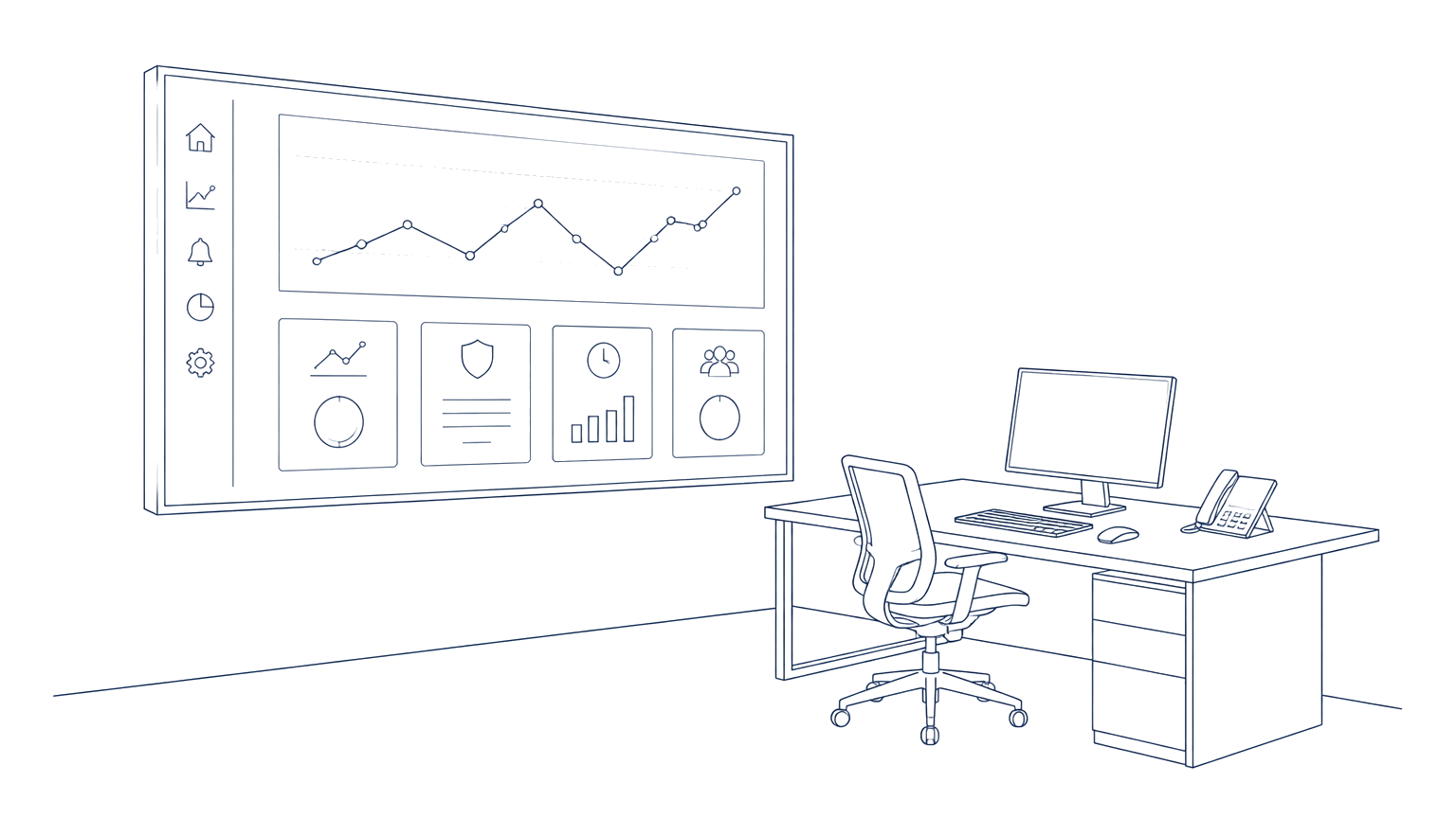 Line drawing of a wall monitoring dashboard beside a workstation