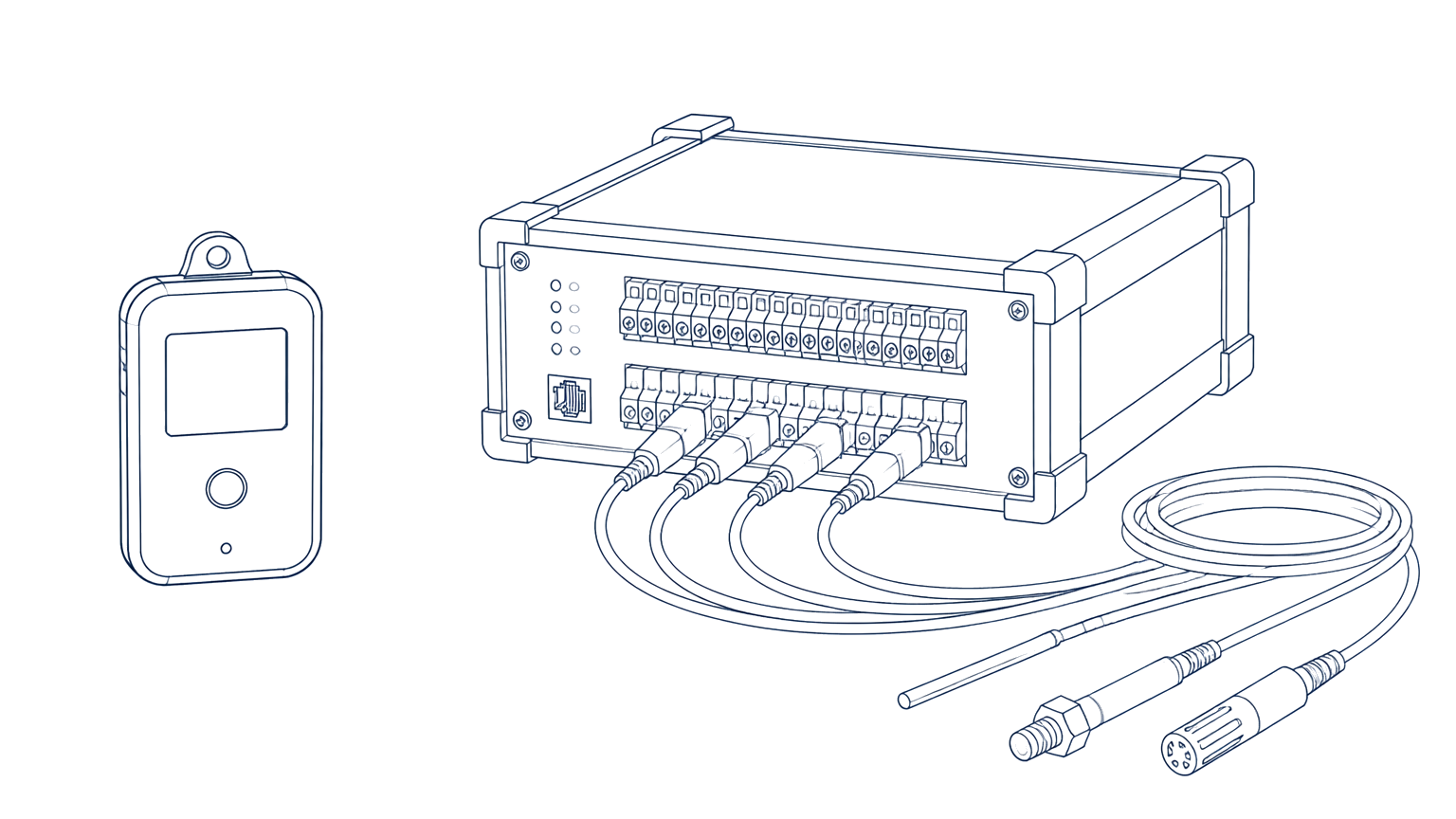 Line drawing comparing a small data logger with a wired data acquisition unit