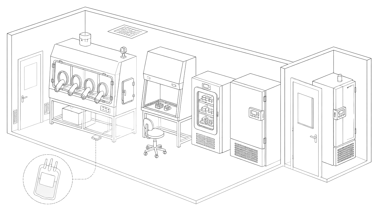 Line drawing of an ATMP cell therapy cleanroom.