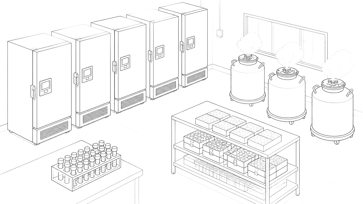 Line drawing of a biobank with freezers and LN₂ tanks.
