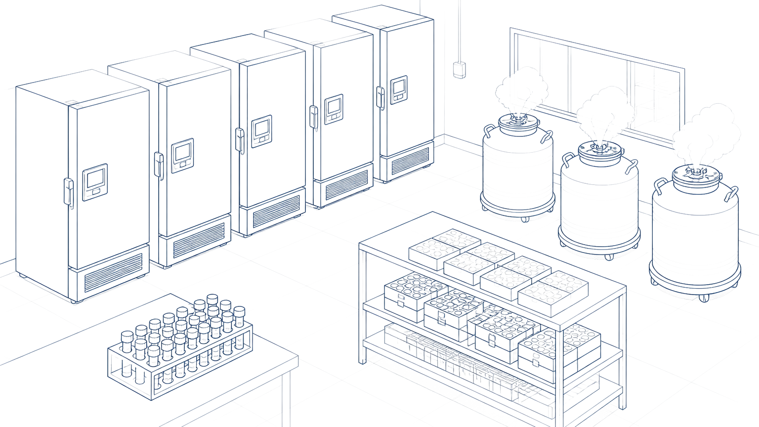 Line drawing of a biobank with freezers and LN2 tanks.