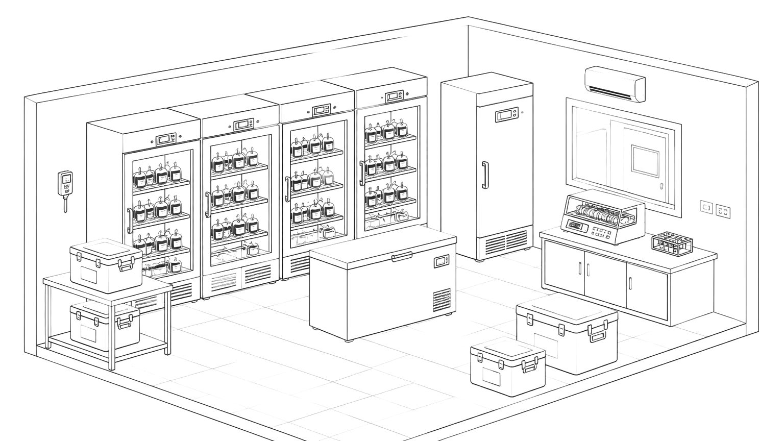Line drawing of a blood bank cold-chain room.