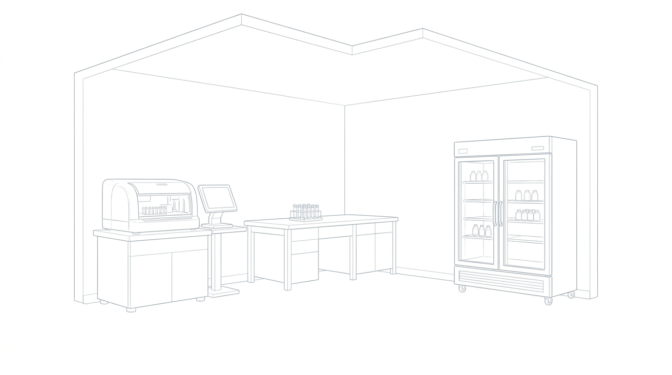 Line drawing of a clinical diagnostic laboratory.