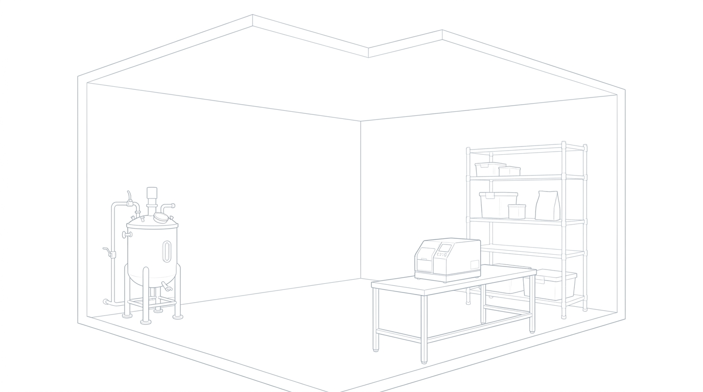 Line drawing of a contract research and manufacturing facility.