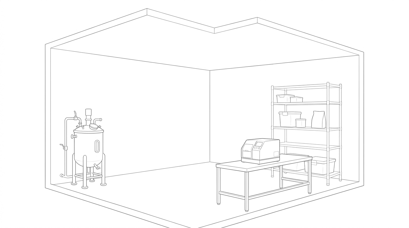 Line drawing of a contract research and manufacturing facility