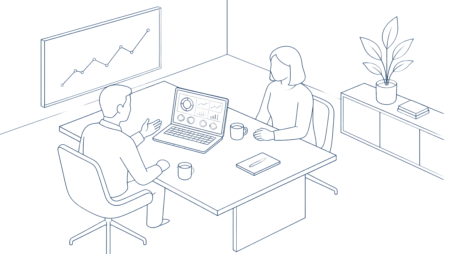 Line drawing of an advisory conversation.