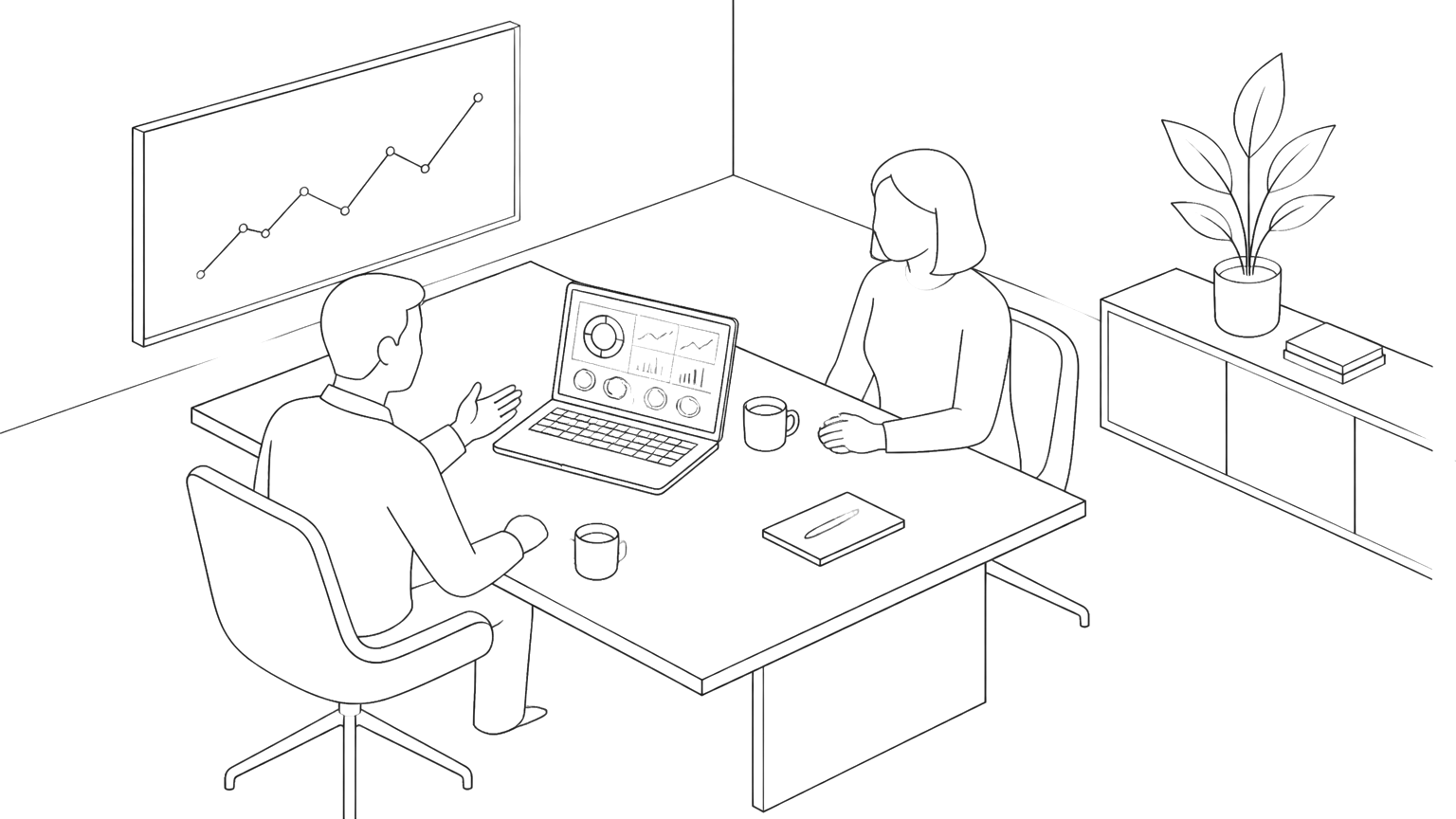 Line drawing of an advisory conversation.