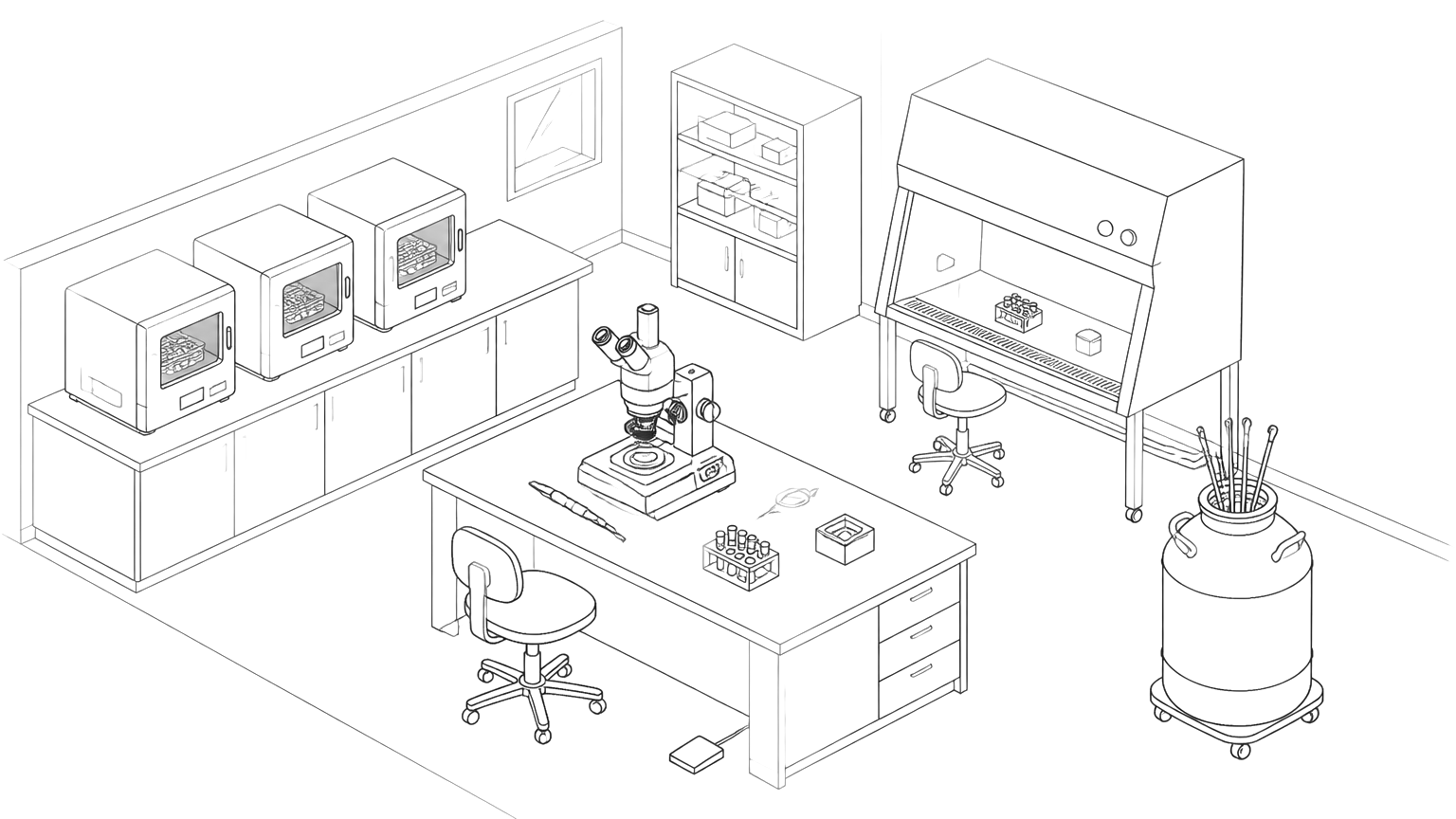 Line drawing of an IVF embryology lab.