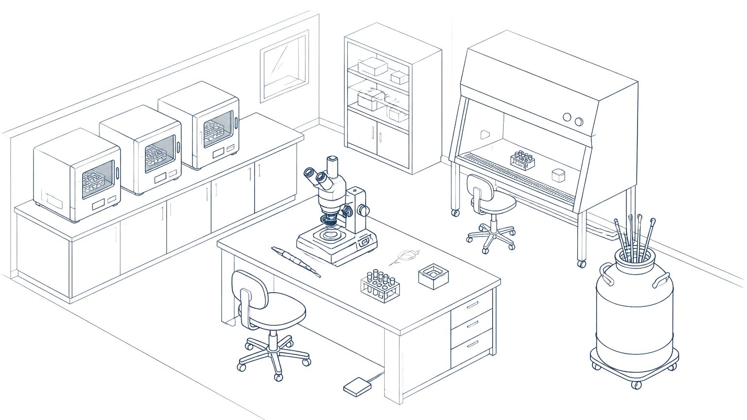 Line drawing of an IVF embryology lab.