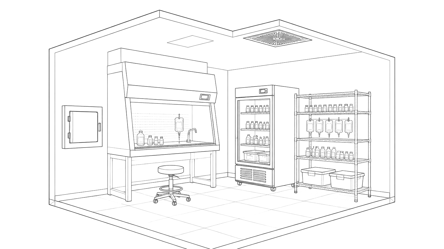 Line drawing of a hospital pharmacy cleanroom.
