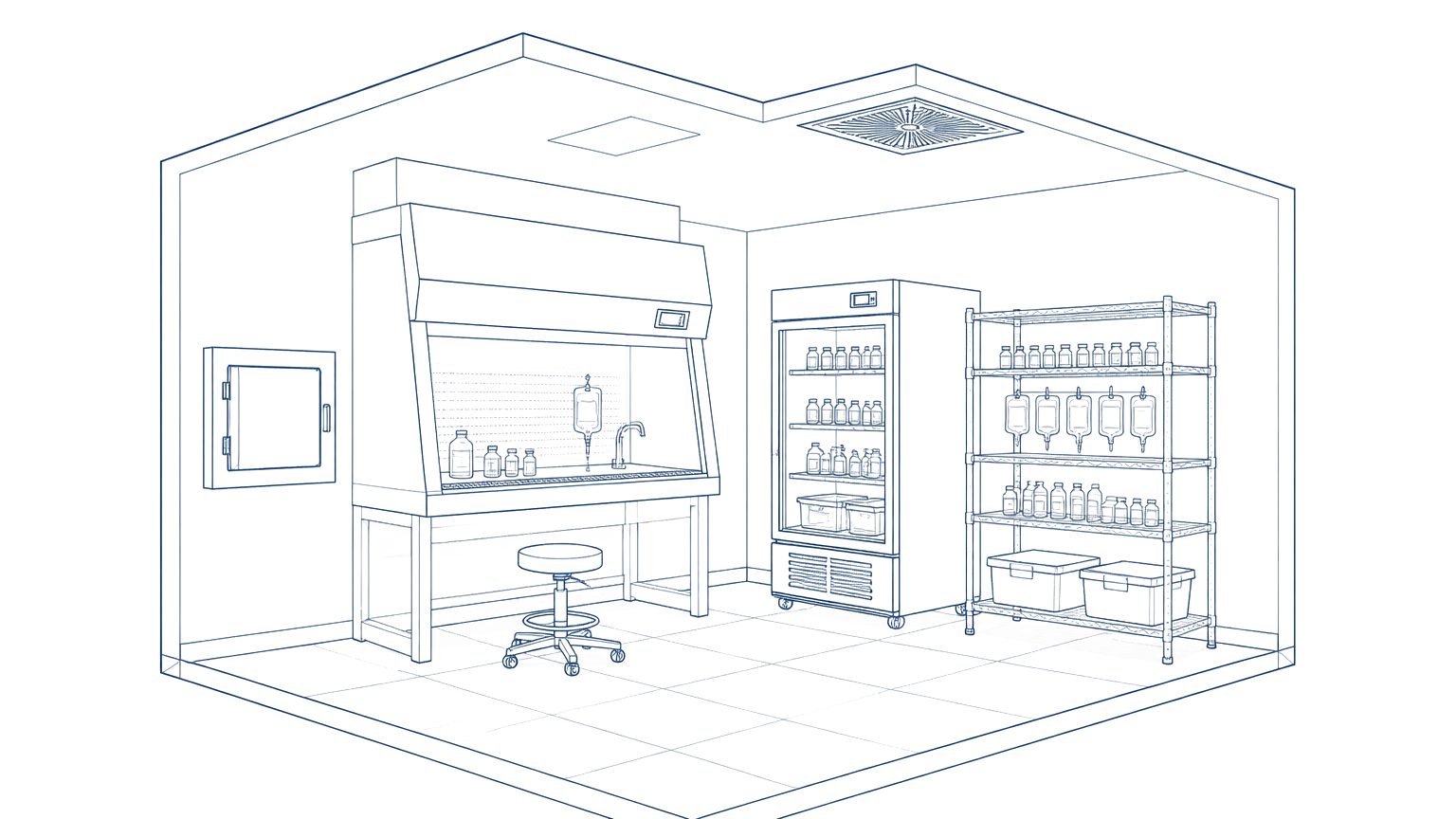Line drawing of a hospital pharmacy cleanroom.