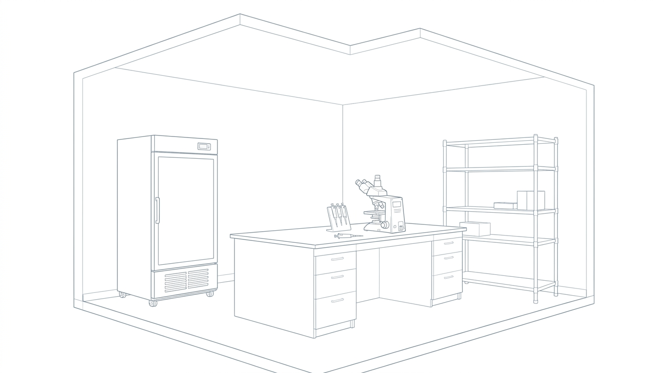 Line drawing of a university research core facility.