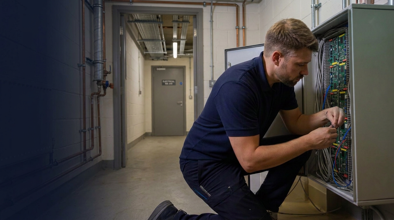 XiltriX technician wiring an open monitoring cabinet in a facility basement room