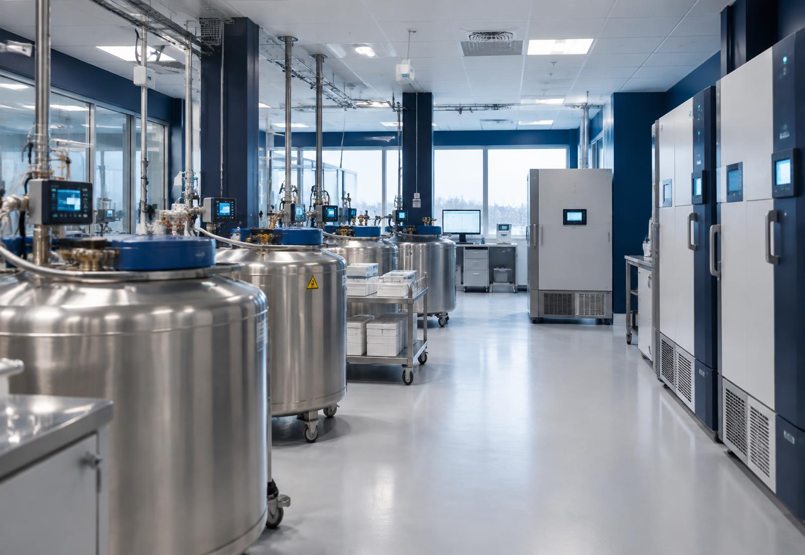 Laboratorio moderno de almacenamiento criogénico con recipientes y ultracongeladores monitorizados